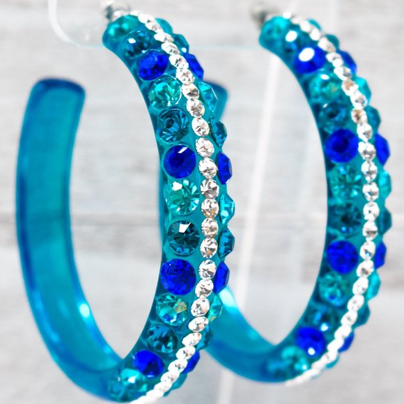 2.5" Clear Teal Lucite Blue Tones Rhinestone Hoops - Picture 4 of 10